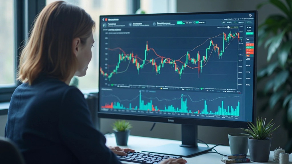 Close-up van computerscherm met lijngrafieken die financiële trends over maanden laten zien met verschillende gekleurde linten