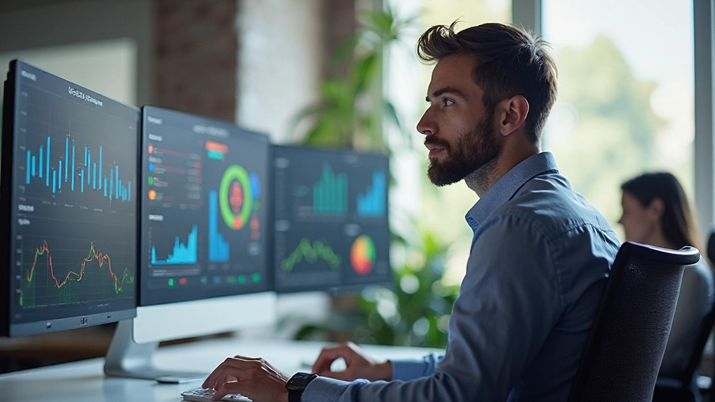 Designer aan het werk op een grafische interface voor een financieel dashboard met meerdere monitoren