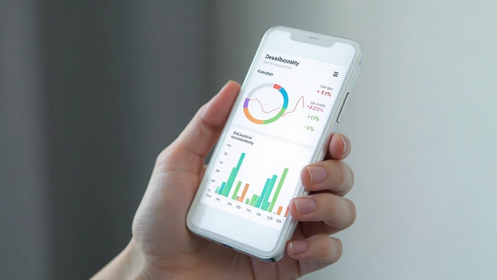 Mobiele telefoon toont responsief dashboard design met financiële data en interactieve elementen