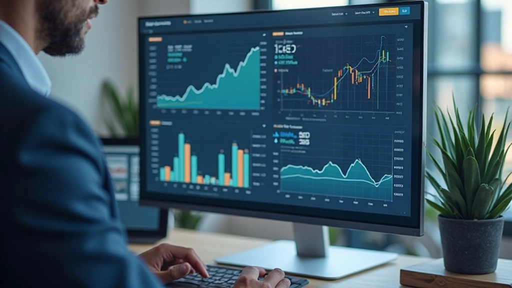 Moderne fintech dashboard interface met datavisualisatie grafieken en analytics op grote monitor