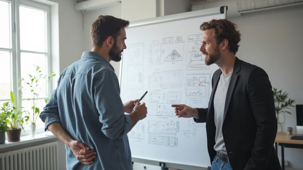 Twee designers in overleg rond wireframes en prototypes van fintech interface op whiteboard